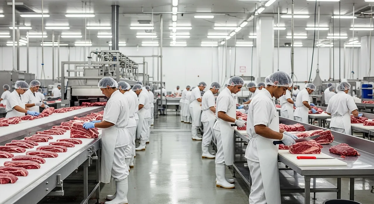 Modern Australian halal meat processing facility with workers in hygiene gear