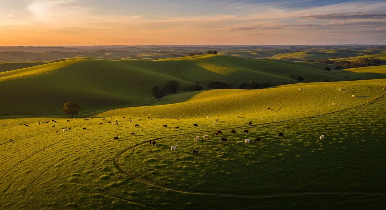 Sweeping aerial view of Australian cattle pastures at golden hour