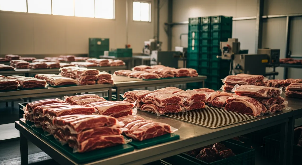 Australian meat export cold-chain facility with vacuum-sealed premium beef and lamb cuts in a clean stainless steel processing area